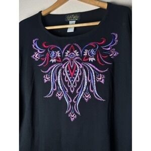Bob Mackie Wearable Art Top 2X Black Long Sleeve Embroidered Knit Sweater